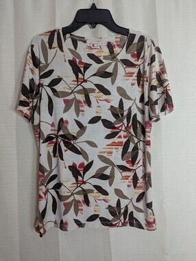 JM Collection Short Sleeve Floral Leaf Print Top - White, Black, Pink, Brown